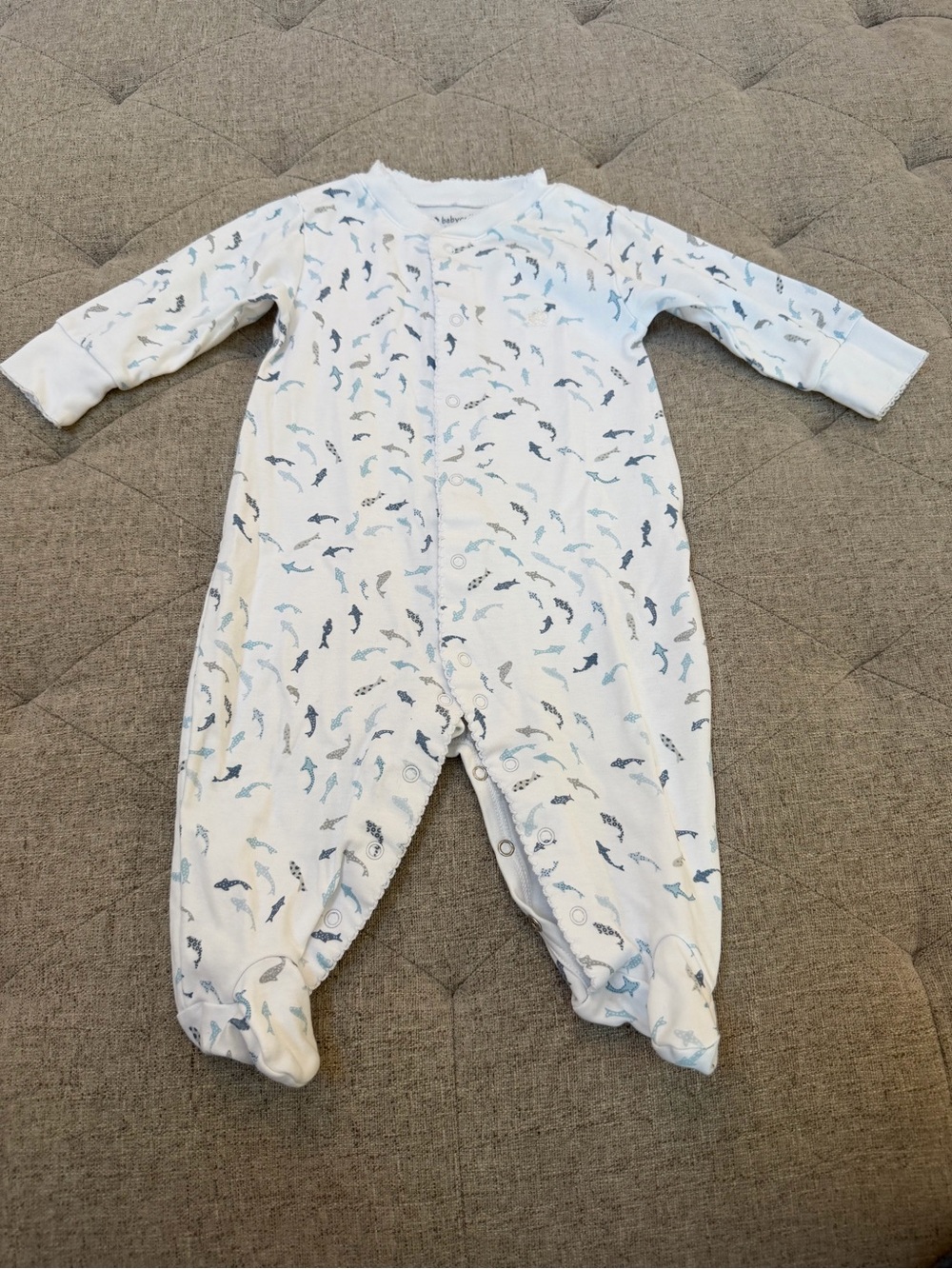 EUC BLUE SHARKS BABY COTTONS FOOTIE SNAP PAJAMAS SIZE 6 mo